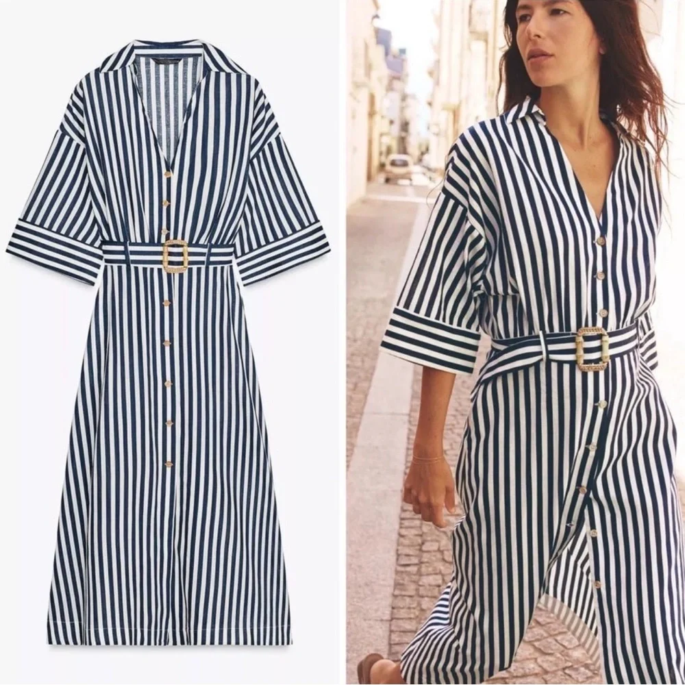 Zara Navy and White Striped Long Sleeve Dress - Picture 5 of 6